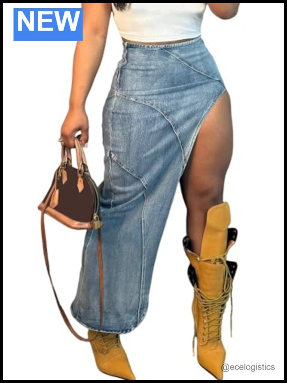 Asymmetrical High Slit Denim Maxi Skirt with Zipper
